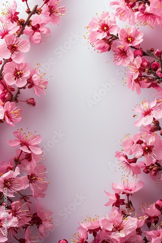  Background with pink sakura flowers on white background. Greeting card template for Wedding, Mother's or Women's day. Floral border with copy space. Flat lay composition, top view. Spring holidays 