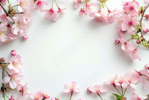  Frame of pink cherry blossom on white background. Greeting card template for spring holiday or wedding. Spring flowers border with copy space. Sakura blossom, flat lay composition