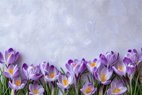 Row of crocus flowers on white marble background. Spring flowers border with copy space. Springtime composition. Mother's Day, Valentine's Day, Easter holidays. Nature beauty