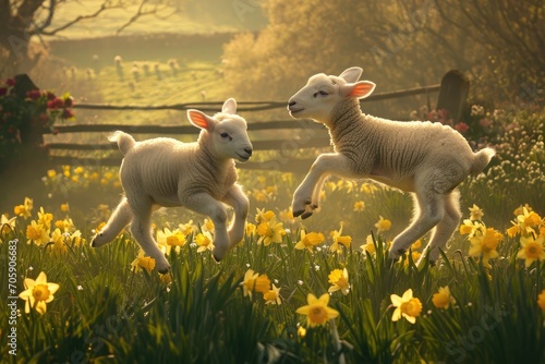 Two cute lambs playing and frolicking in a field of daffodils flowers. Springtime, new life, and Easter concept. Spring holidays concept. Peaceful and tranquil