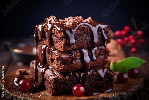 Chocolate brownie with currant berries on wooden background