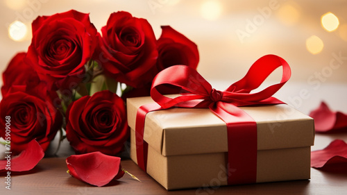 Gift box and red roses on wooden table with bokeh background generativa IA