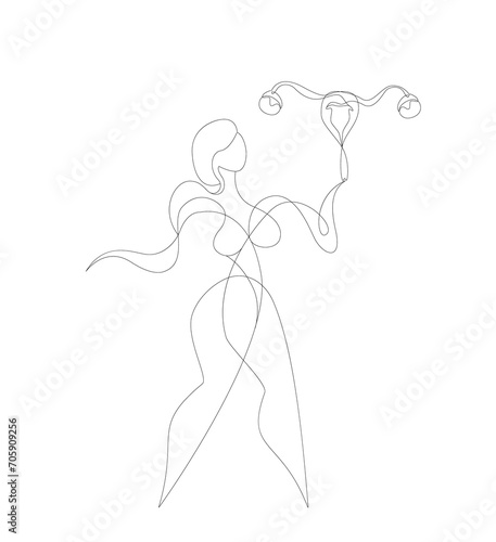 Woman keeping Womb Uterus.Feminism concept.Support Womens Feminine Health.Anatomical Female Ovaries hand drawn line.Female Reproductive System.Vagina Symbol Menstruation.Free Women.Vector Illustration