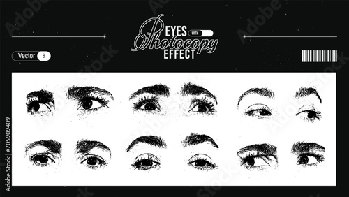 Grunge grain eyes with a xerox or photocopy effect in a digital maximalism style. Set of different elements for graphic design. Vector illustration.