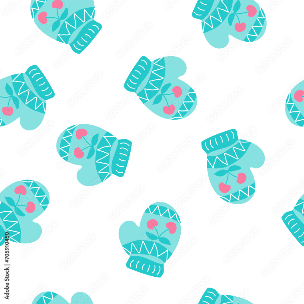 patternWinter pattern of turquoise mittens with cherries
