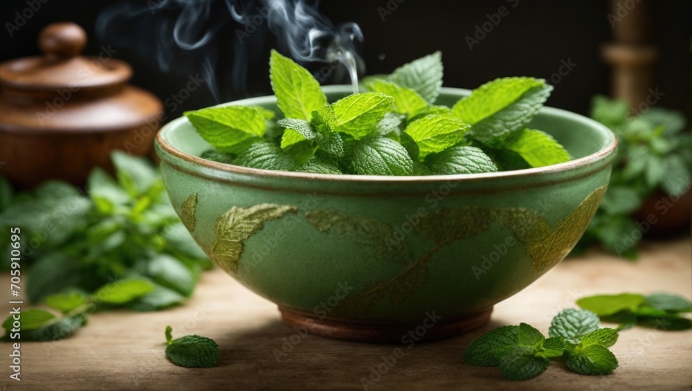 Healthy green foliage in a wooden bowl with fresh mint leaves. Healthy green foliage in a wooden bowl with fresh mint leaves.