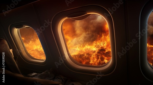 Picture of a burning plane from the cabin, plane crash