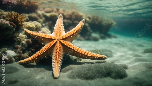 A starfish on the ocean floor amidst coral and marine life.
