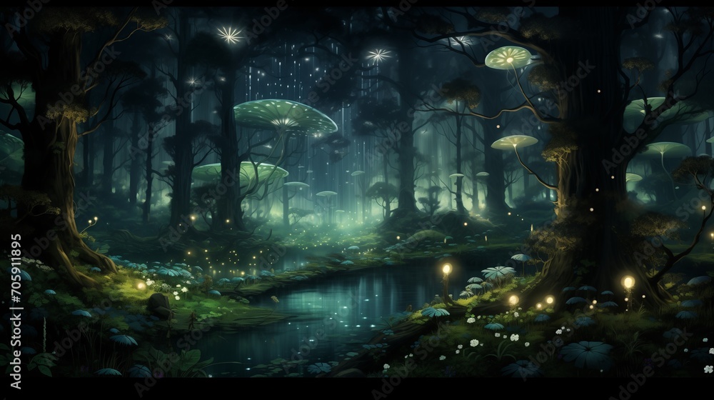 Fantasy magic forest landscape. Fantastic wood background. Fantasy magic forest landscape. Fantastic wood background.