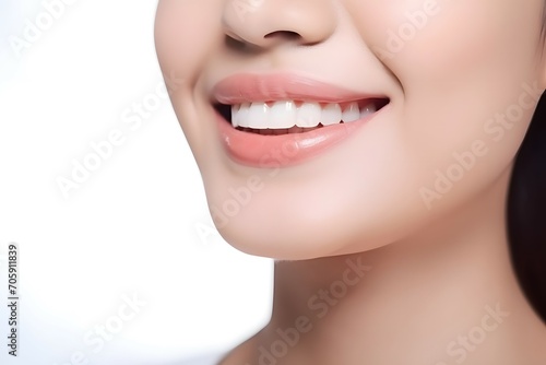 beautiful Woman smile on white background, close up only mouth , white studio background