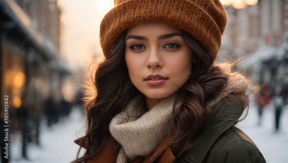 Young woman in cold city street wearing winter clothing and hat. Young woman in cold city street wearing winter clothing and hat.