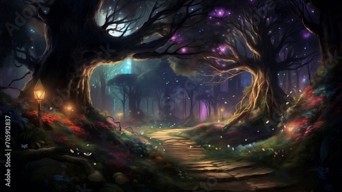 Fantasy magic forest landscape. Fantastic wood background. © Bilas AI