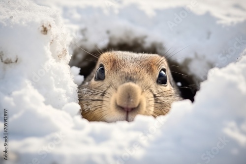 Inquisitive groundhog Peering from Snowy Hideout