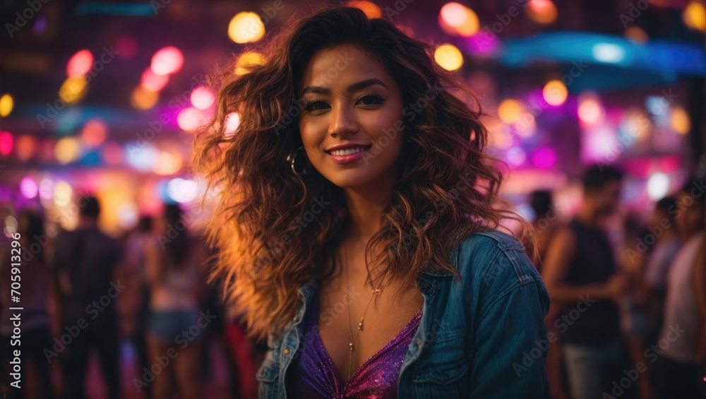 Young Woman with Long Hair Enjoying Music in the Night club 