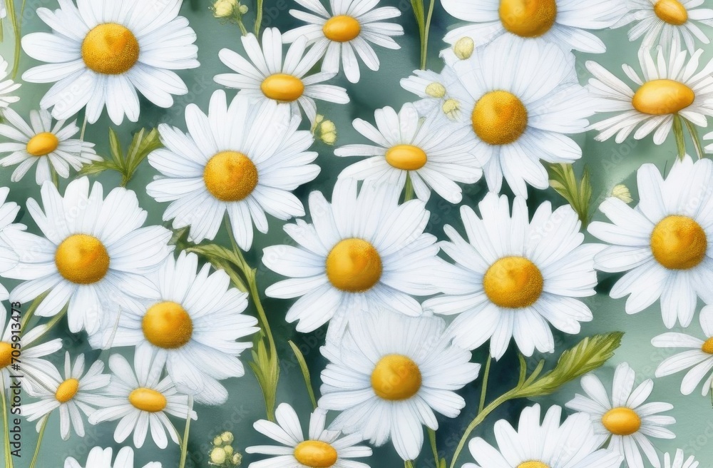 Painted colourful spring daisy flower pattern on green background