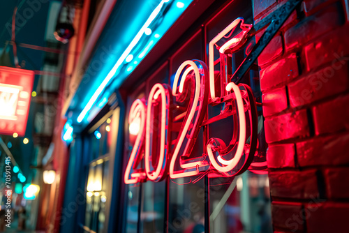 A realistic large neon sign isolated, featuring vintage steel supports, bokeh, and reflections, displaying the text "2025."