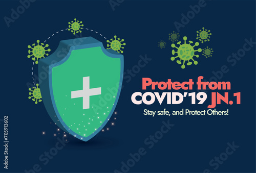 Covid-19 new variant JN.1 awareness Facebook banner. Protection from Covid-19 JN.1 banner in dark blue background colour with protection shield icon and corona cell icon. Stay safe, and protect others
