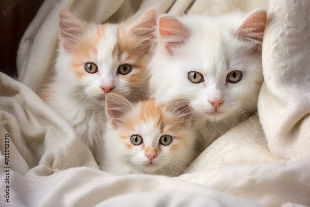 a cat with kittens, sleeping cute little pets wrapped in a warm blanket. a family of animals, feline babies.
