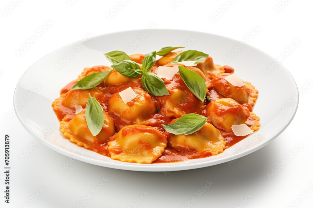 Italian ravioli pasta with tomato sauce on white background Italian ravioli pasta with tomato sauce on white background