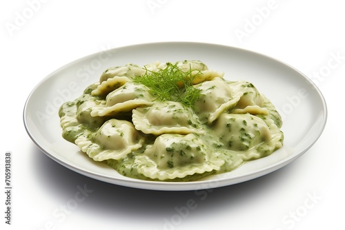 Italian ravioli pasta with spinach on white background