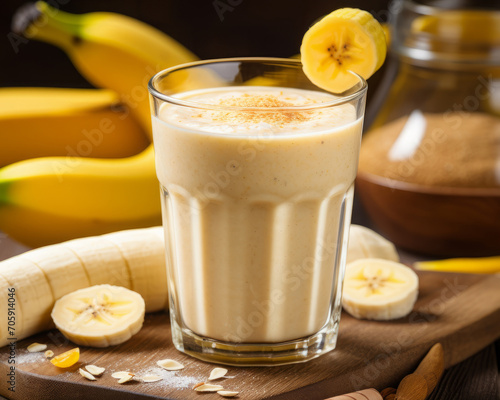 glass of banana smoothie, shake on the table on dark background. healthy vegan drink. beverage.