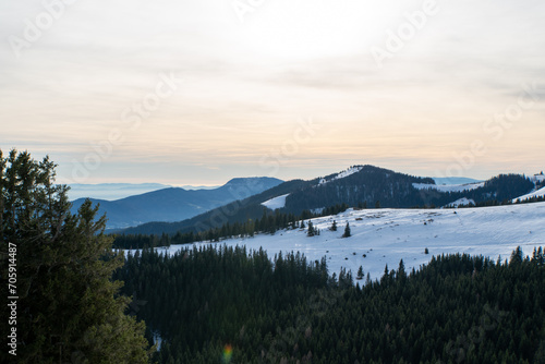 Blick über das verschneite Almenland in der Steiermark