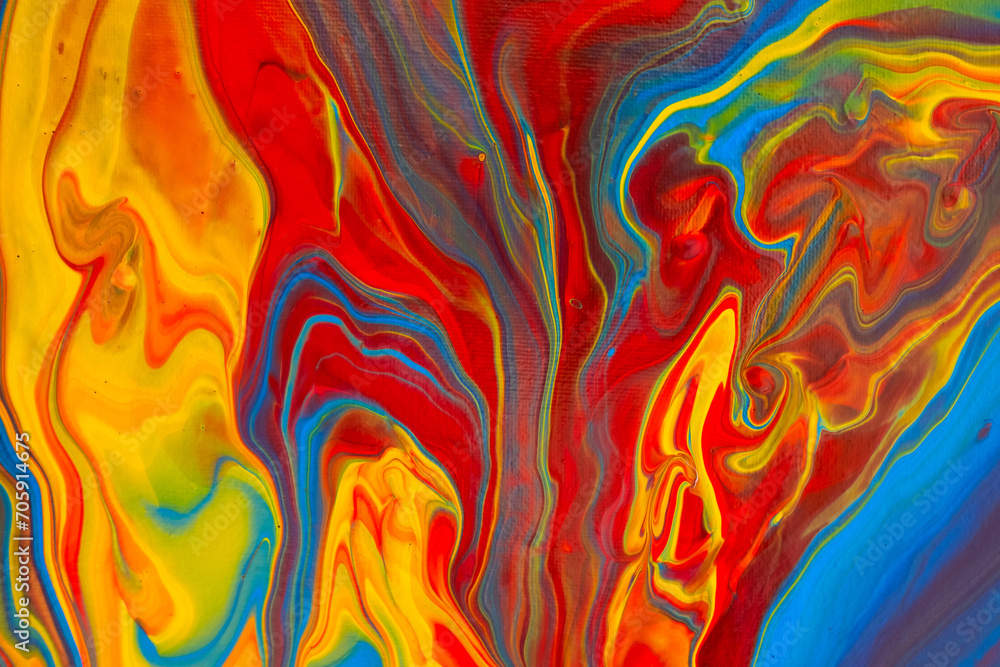 Fluid art painting. Abstract decorative marble texture. Background with liquid acrylic. Mixed paints for poster or wallpaper. Modern art. Psychedelic  colors. Blue, golden, red, yellow, orange. 