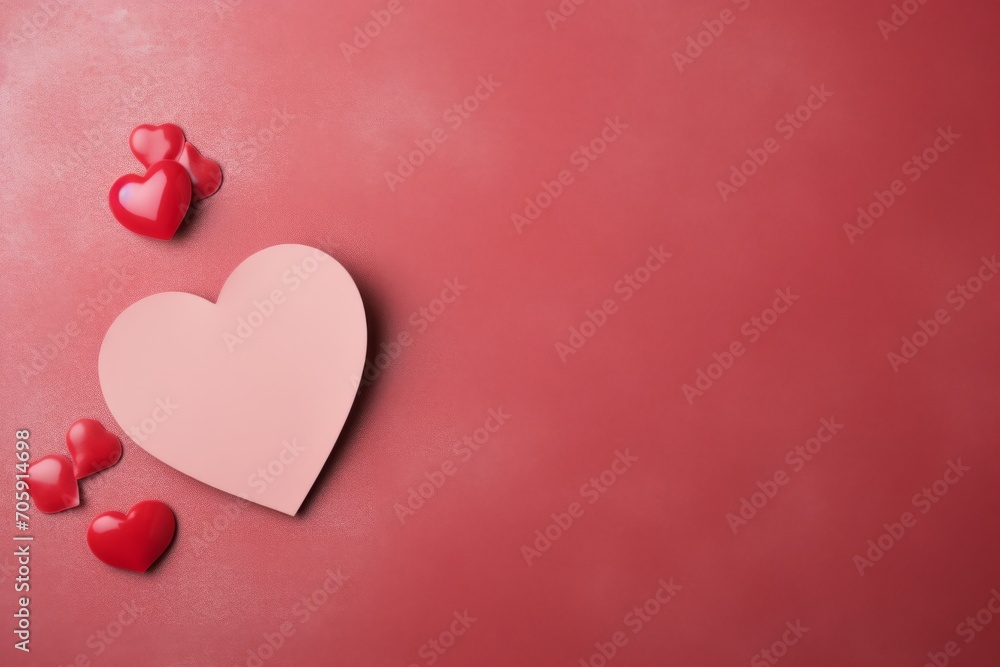 Pink little card as a little heart on a red background for valentine's day or wedding anniversary with copy space for text