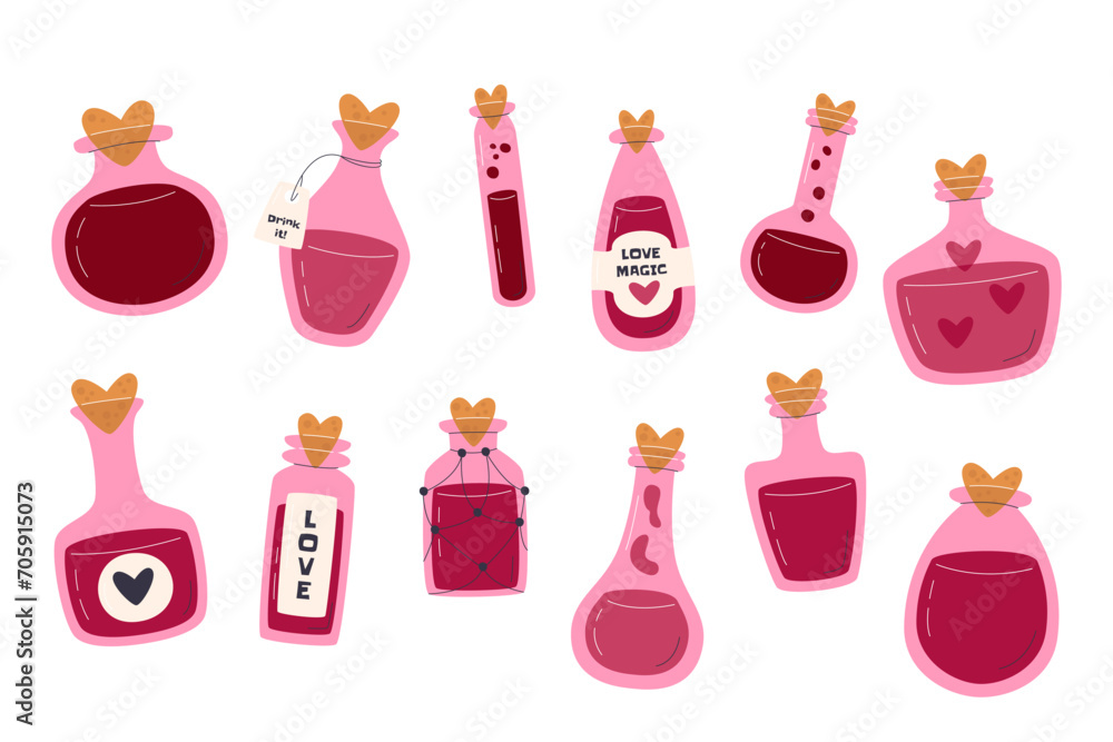 © Diana - Love potions collection. Different-shaped glass jars with elixirs. Alchemy elements set. Vintage flask and bottle bundle isolated on white. Valentine's day related hand drawn flat vector illustration © Diana - Love potions collection. Different-shaped glass jars with elixirs. Alchemy elements set. Vintage flask and bottle bundle isolated on white. Valentine's day related hand drawn flat vector illustration