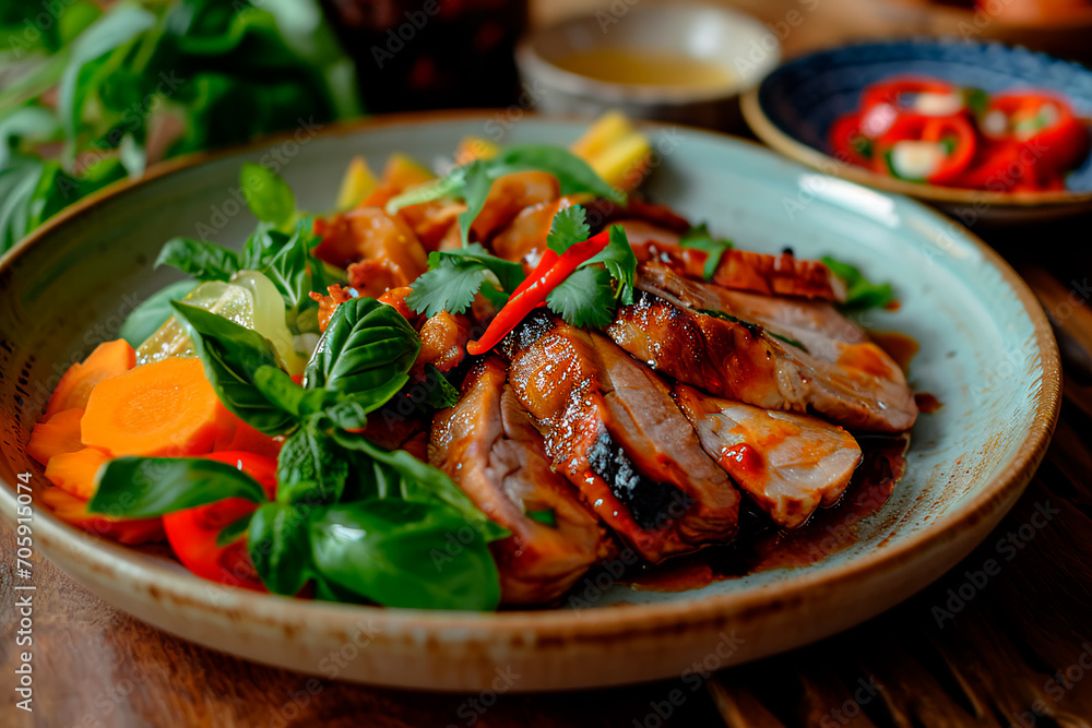 Nam Tok Waterfall Pork plate showcasing juiciness and richness, captured from a side view. Nam Tok Waterfall Pork plate showcasing juiciness and richness, captured from a side view.