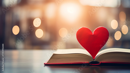 Close up of a red heart on a paper book.