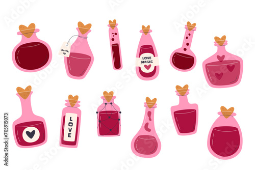 Love potions collection. Different-shaped glass jars with elixirs. Alchemy elements set. Vintage flask and bottle bundle isolated on white. Valentine's day related hand drawn flat vector illustration