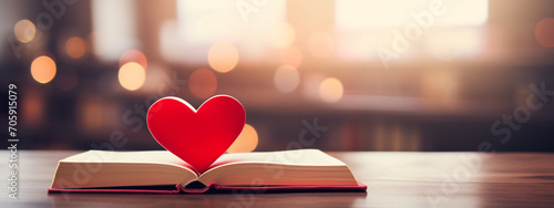 Close up of a red heart on a paper book. photo