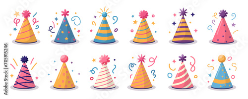 Vector illustration set of cute doodle colored party hats for digital stamp, greeting card, sticker, icon, design. Collection of festive paper caps. Hats for the party. Vector illustration.