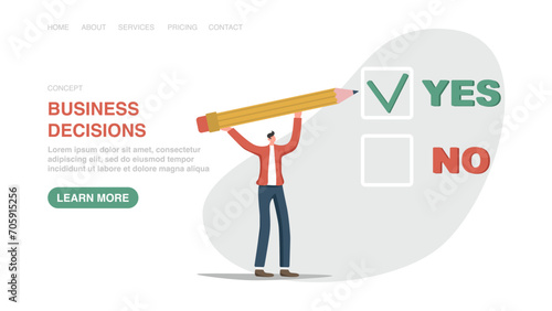Vector illustration for poster, website, banner with man making yes or no choice. Making business decisions, choosing alternative yes or no, rational thinking to have confidence in strategy or plan.