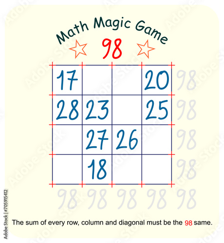 Magic math game. (Magic square)  Recreational mathematics and educational series vector illustration.