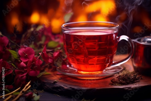red karkade tea in a transparent glass cup. a delicious hot drink made from rose petals.