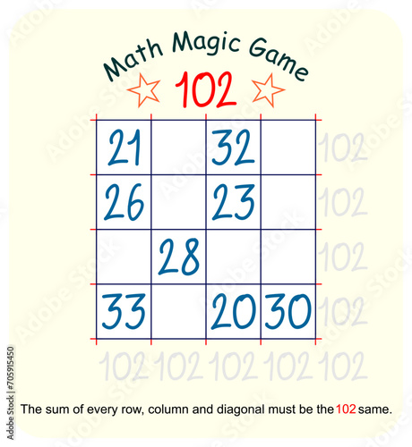 Magic math game. (Magic square)  Recreational mathematics and educational series vector illustration.