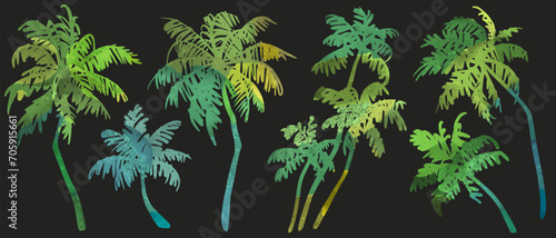 Set of hand drawn watercolor green palm trees isolated on black background. Vector illustration of tropical plants