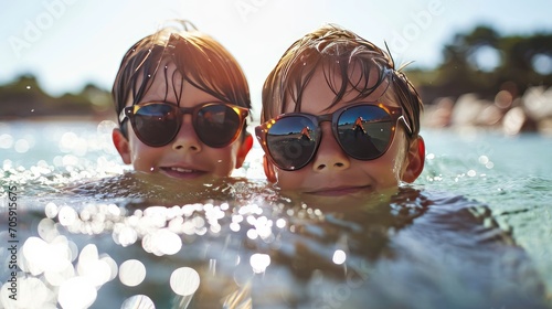 Two young boys wearing sunglasses swimming in the pool or in a sea, summer holiday in water © petrrgoskov