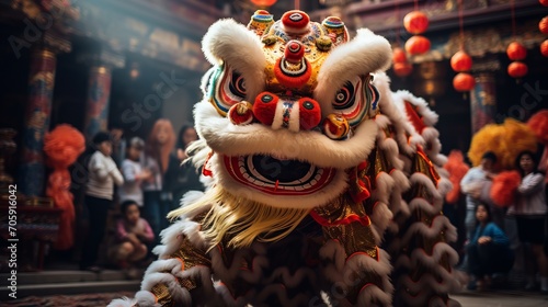 Chinese traditional lion dance costume performing at a temple in China © AnaV