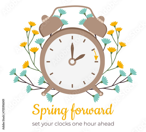 Spring forward, set your clocks ahead an hour. Alarm with hand points forward. Summer time starts with flowers for web, email. Flat design DST vector illustration. Daylight Saving Time begins concept