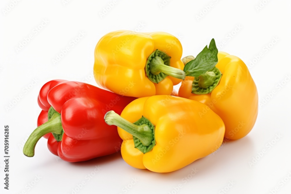 a bunch of yellow and red bell peppers on a white background with a shadow. isolated vegetables.