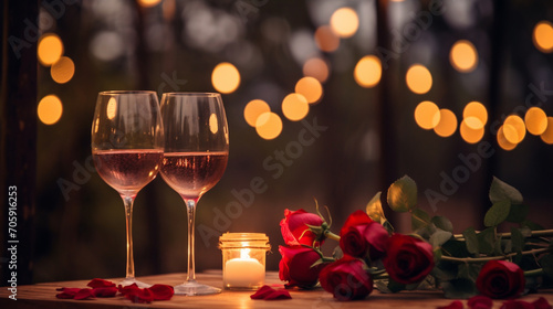 romantic dinner roses wine and glasses