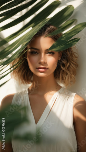 Beautiful fashionable young woman portrait poses near white wall with palm leaf shadow photo