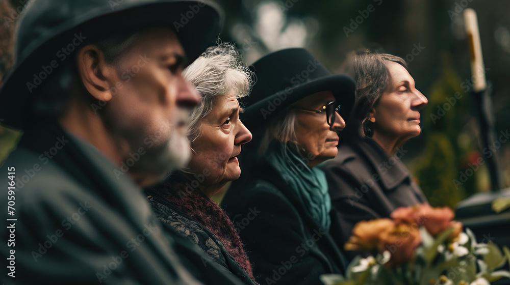 Death, funeral and coffin with family mourning, sad and depressed for grieving time. Grief together, mental health and people in black suits giving their last goodbyes at the cemetery - obrazy, fototapety, plakaty 