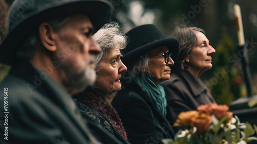 Death, funeral and coffin with family mourning, sad and depressed for grieving time. Grief together, mental health and people in black suits giving their last goodbyes at the cemetery