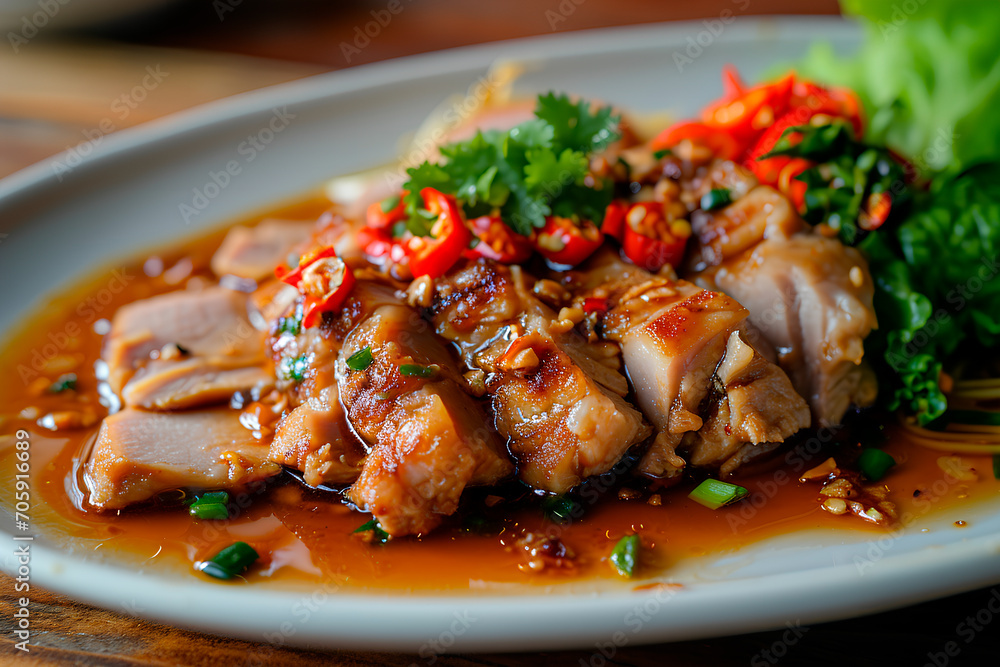 Nam Tok Waterfall Pork plate showcasing juiciness and richness, captured from a side view.