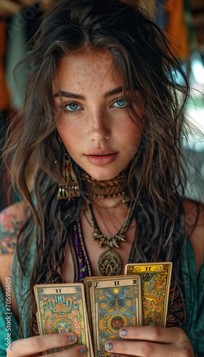 a pretty young woman wearing long hair is holding tarot cards, in the style of daz3d, tattoo-inspired, light black and amber, i can't believe how beautiful this is, intense color palette, nocturne, ey