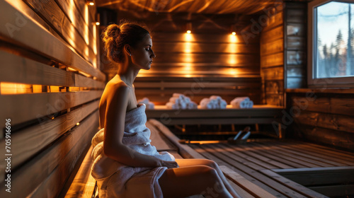 A beautiful young woman wearing a white towel takes a sauna. The sauna made of wood with a large window with a view of the snow. Concept of relax, vacation, wellness center.